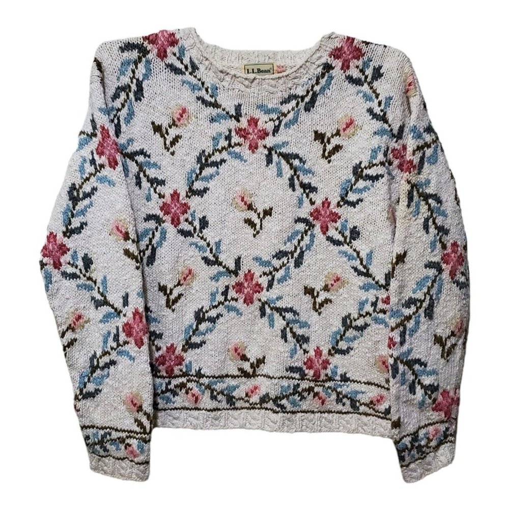 Vintage LL Bean Sweater Womens M Cream Floral Crew Neck Pullover Cottagecore